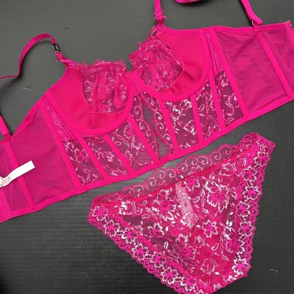 Victoria's Secret longline 34C,34D,36B BRA SET M FUCHSIA HOT PINK SILVER lace - Picture 3 of 3
